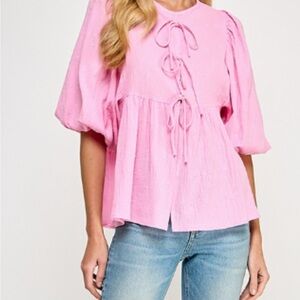 2 Hearts Pink 3/4 Sleeve Cotton embroidered baby doll top NWOT